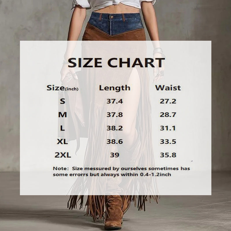 Women's Bohemian Patchwork Maxi Skirt with Fringe Hem and High Side Slit for Vacation Wear