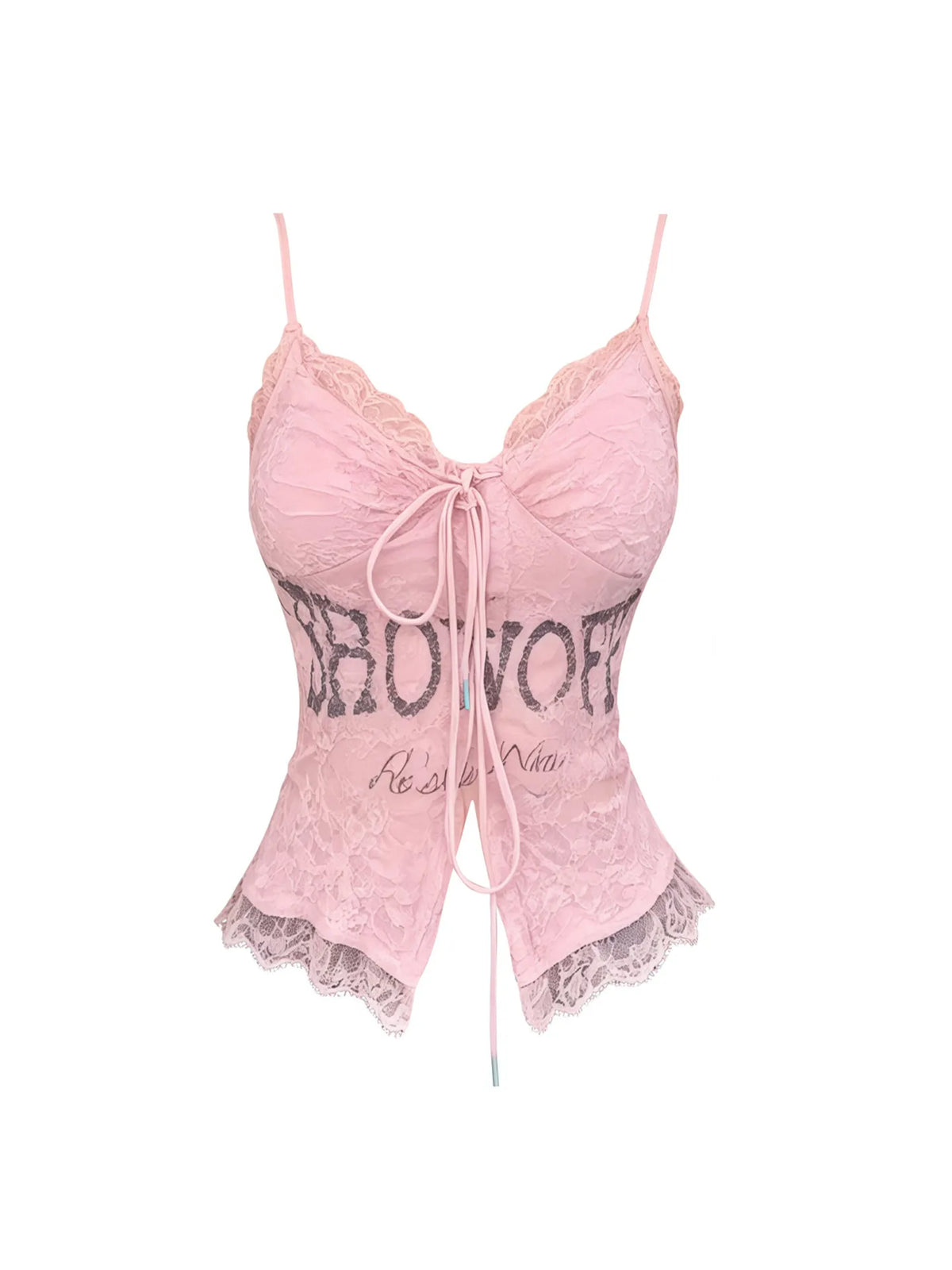 Women's Pink Lace Letter Print Cami Top – V-Neck Lace-Up Slim Fit