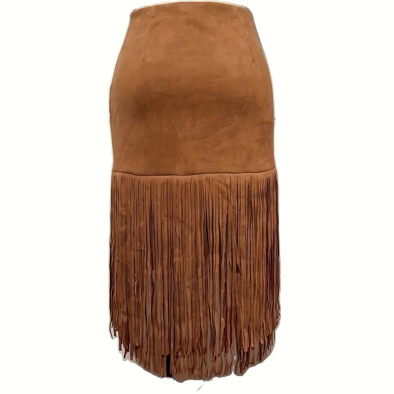 Women's Bohemian Fringe Midi Skirt with Asymmetrical Hem in Solid Color Denim Style