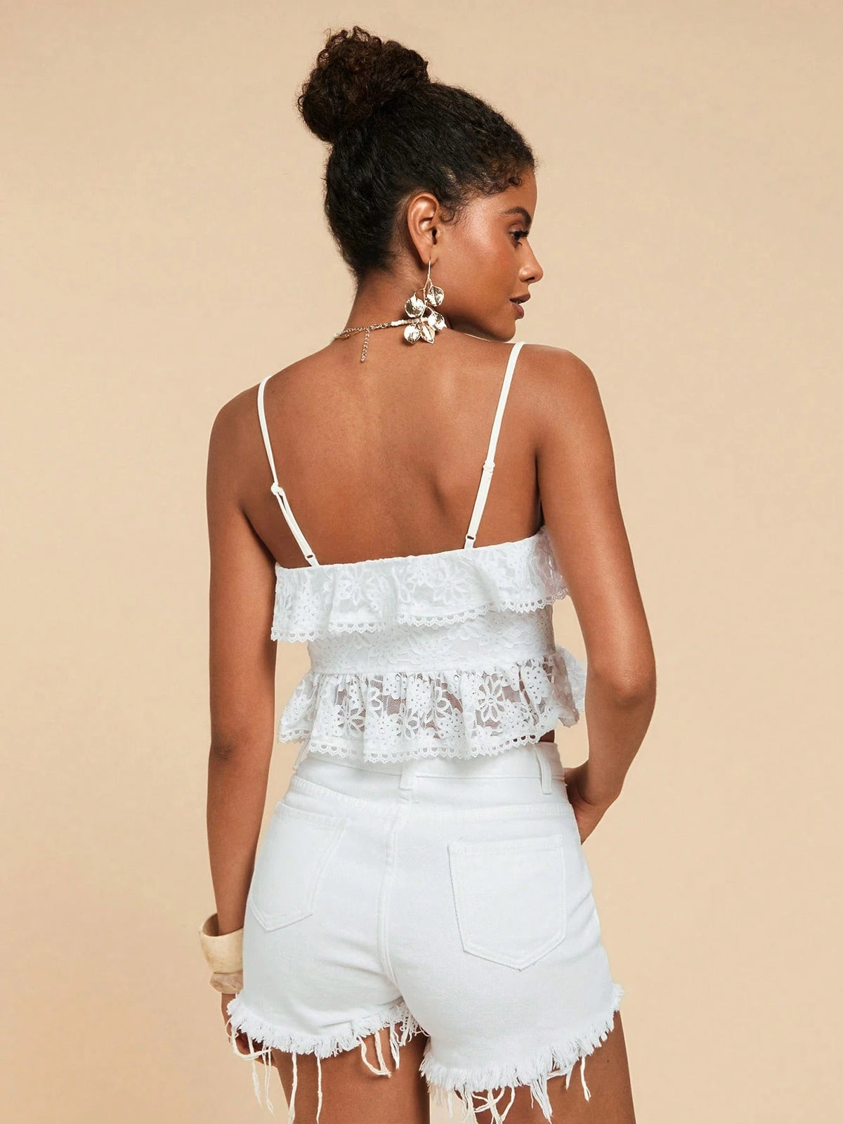 Elegant Solid Color Lace Ruffled Criss-Cross Camisole for Women - Summer Beach and Concert Top in White