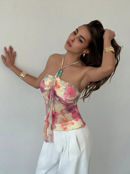Aloruh Women's Floral Print Ruffled Halter Neck Sleeveless Top in Pale Yellow - Summer Boho Tropical Beach Vacation and Festival Wear