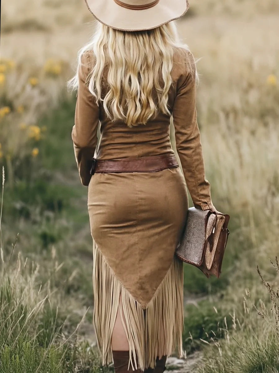 Vintage Western-Inspired Midi Dress with Zipper and Tassel Detail