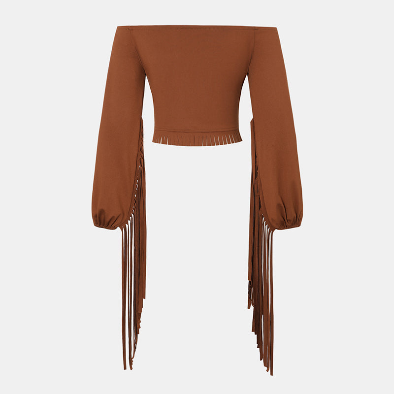 Women's Solid Color Off-Shoulder Western Fringe Blouse with Long Sleeves