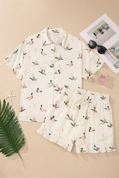 Mallard Ruffle Button-Up Pajama Set, Shirt & Shorts