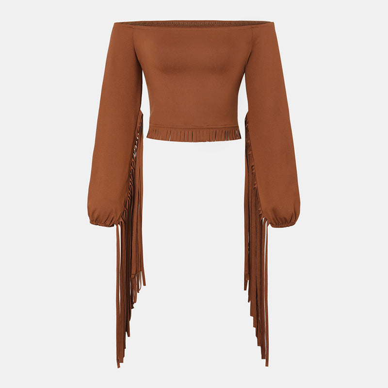 Women's Solid Color Off-Shoulder Western Fringe Blouse with Long Sleeves
