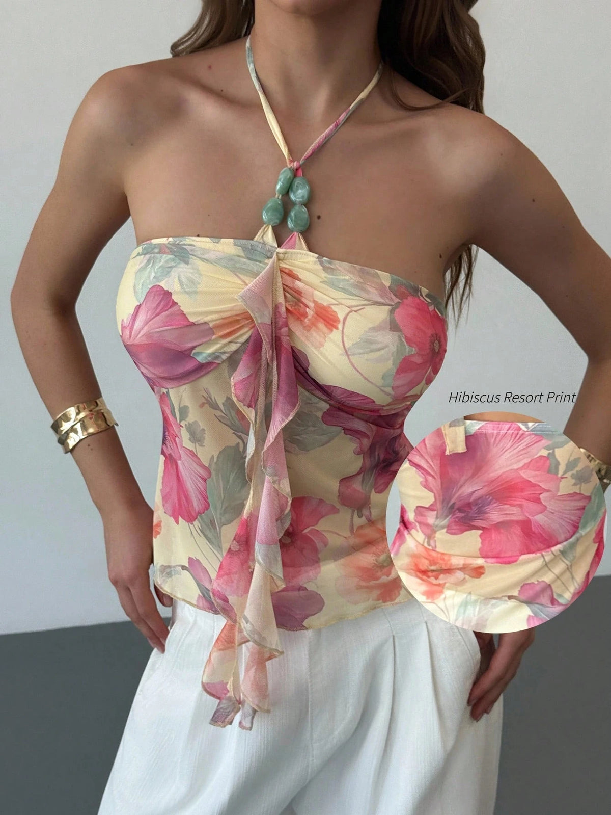 Aloruh Women's Floral Print Ruffled Halter Neck Sleeveless Top in Pale Yellow - Summer Boho Tropical Beach Vacation and Festival Wear