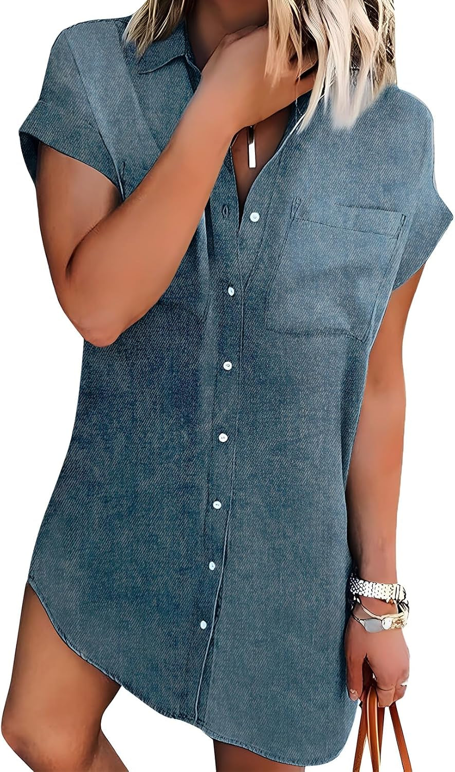 Women's Summer Short Sleeve Denim Shirt Dress