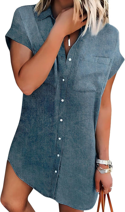 Women's Summer Short Sleeve Denim Shirt Dress