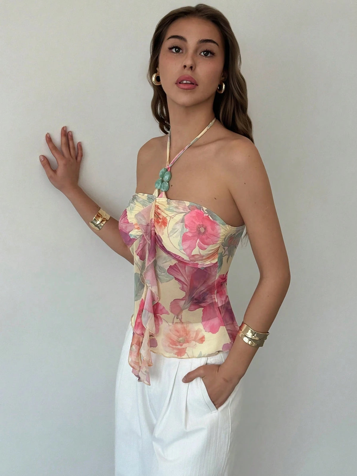 Aloruh Women's Floral Print Ruffled Halter Neck Sleeveless Top in Pale Yellow - Summer Boho Tropical Beach Vacation and Festival Wear