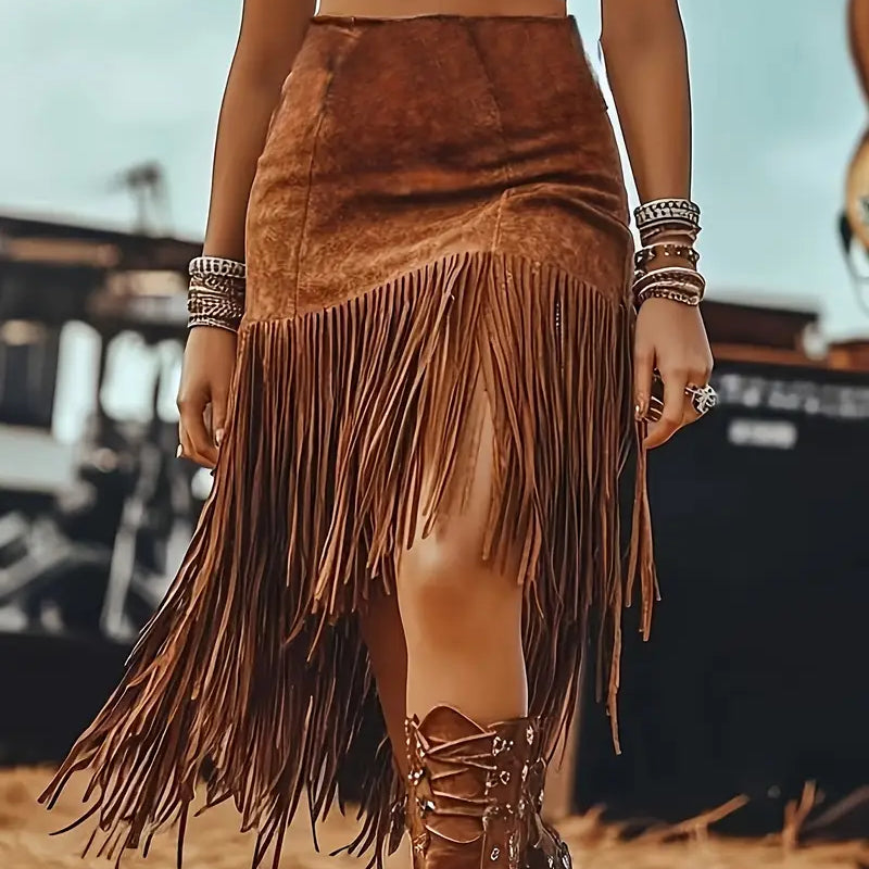 Women's Bohemian Fringe Midi Skirt with Asymmetrical Hem in Solid Color Denim Style