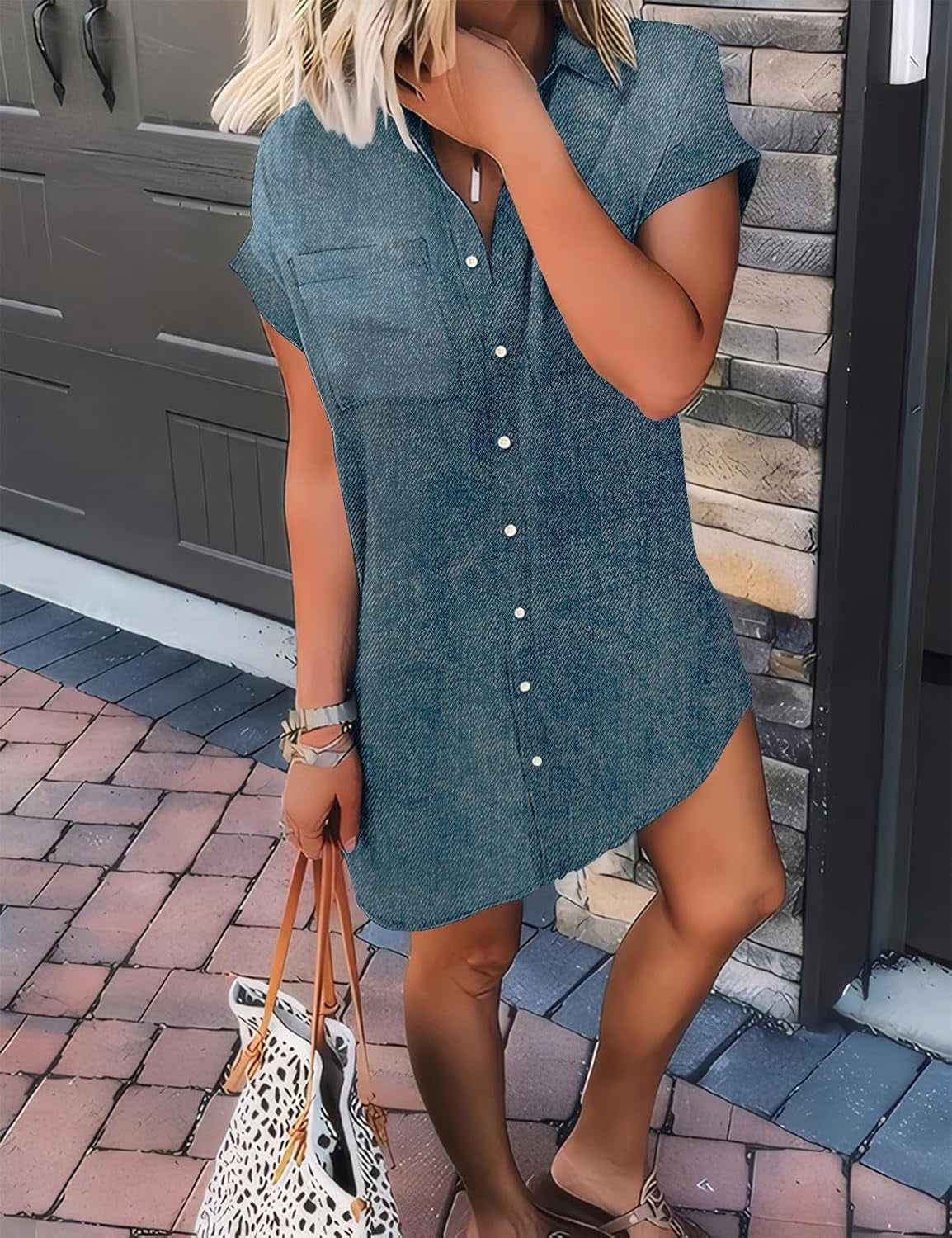 Women's Summer Short Sleeve Denim Shirt Dress