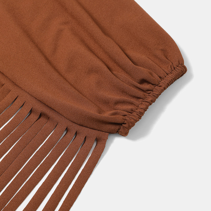 Women's Solid Color Off-Shoulder Western Fringe Blouse with Long Sleeves