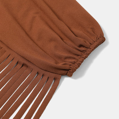 Women's Solid Color Off-Shoulder Western Fringe Blouse with Long Sleeves