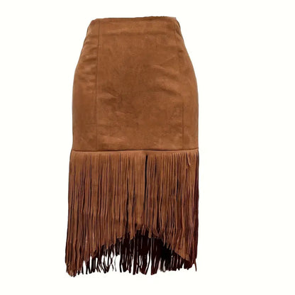 Women's Bohemian Fringe Midi Skirt with Asymmetrical Hem in Solid Color Denim Style