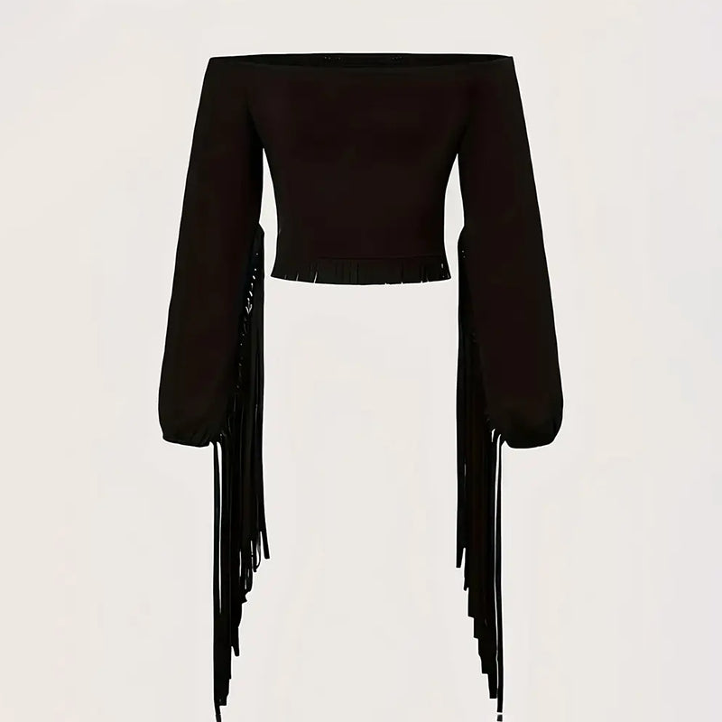 Women's Solid Color Off-Shoulder Western Fringe Blouse with Long Sleeves