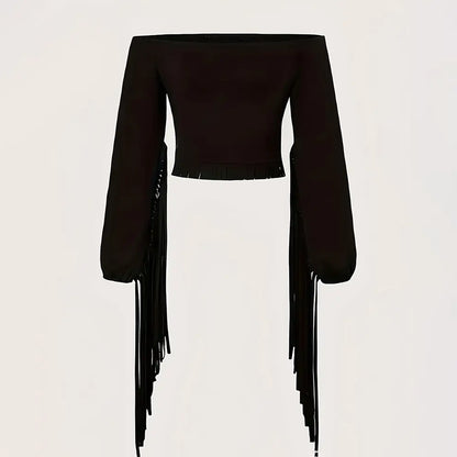Women's Solid Color Off-Shoulder Western Fringe Blouse with Long Sleeves