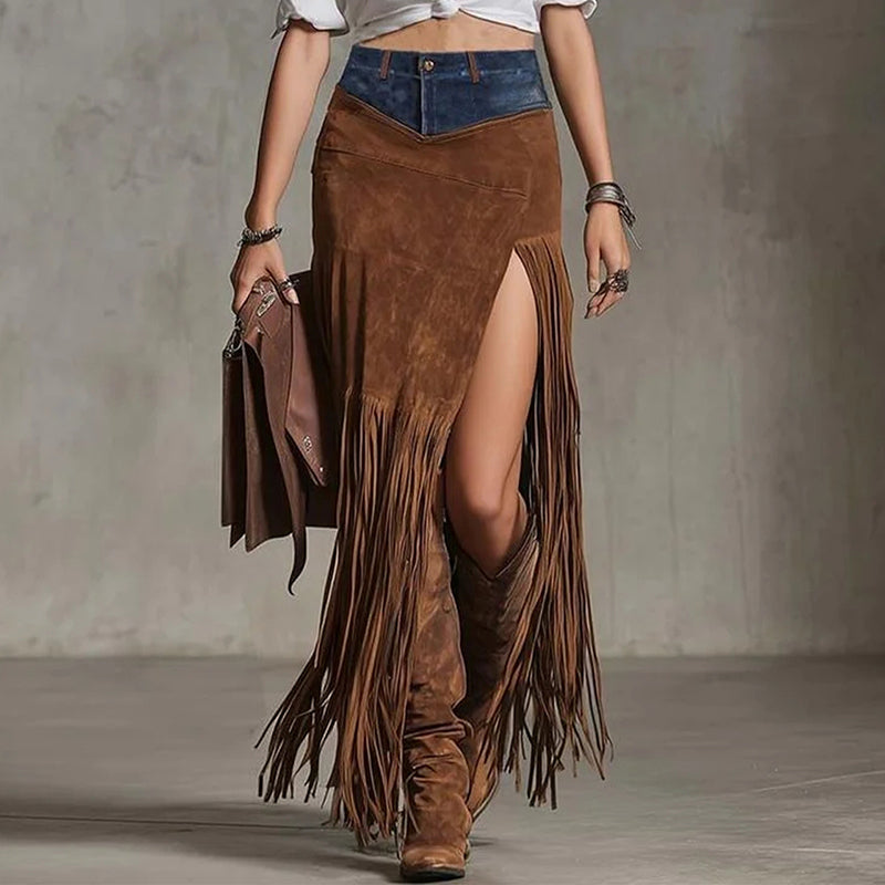 Women's Bohemian Patchwork Maxi Skirt with Fringe Hem and High Side Slit for Vacation Wear