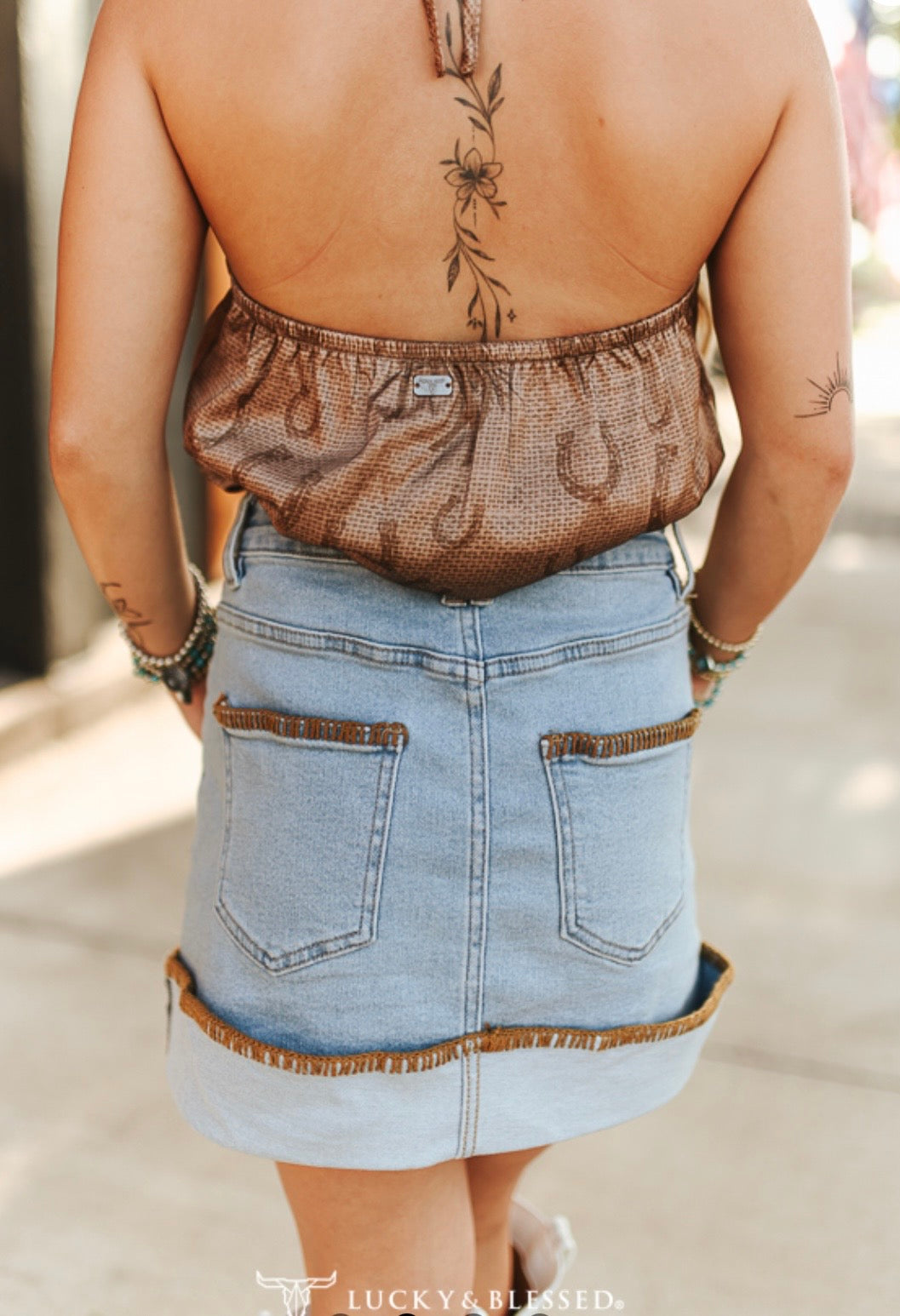 Light Wash Fringe-Trim Denim Skirt