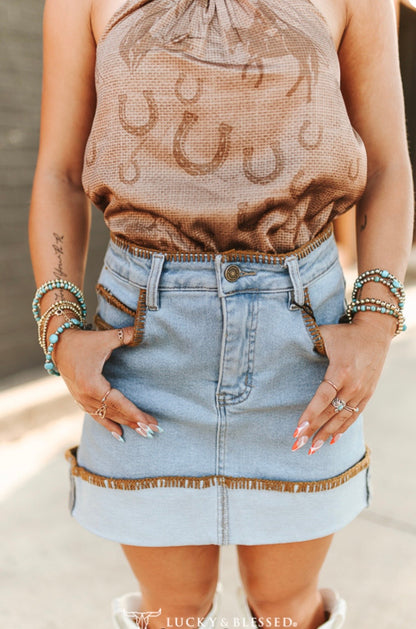 Light Wash Fringe-Trim Denim Skirt