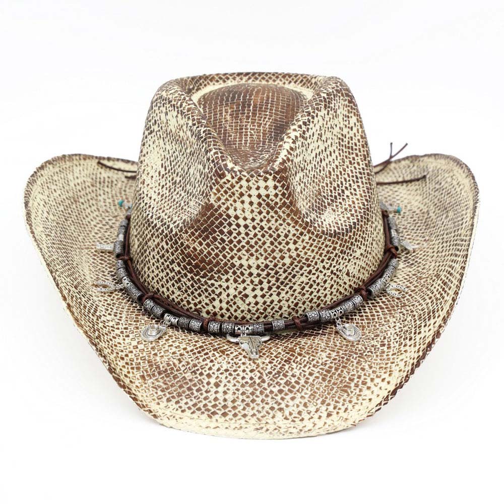 Handmade Vintage Steer Head Cactus Horseshoe Charm Faux Leather Band Western Straw Cowboy Hat