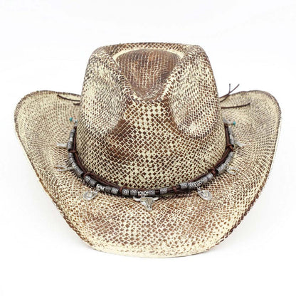 Handmade Vintage Steer Head Cactus Horseshoe Charm Faux Leather Band Western Straw Cowboy Hat