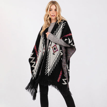 Fuzzy Aztec Tassel Knit Ruana Poncho – Boho Wrap
