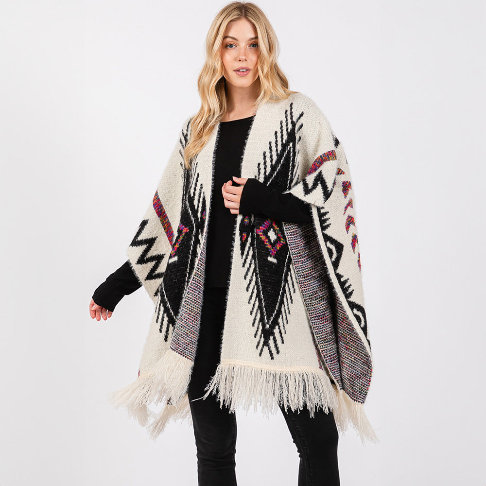 Fuzzy Aztec Tassel Knit Ruana Poncho – Boho Wrap