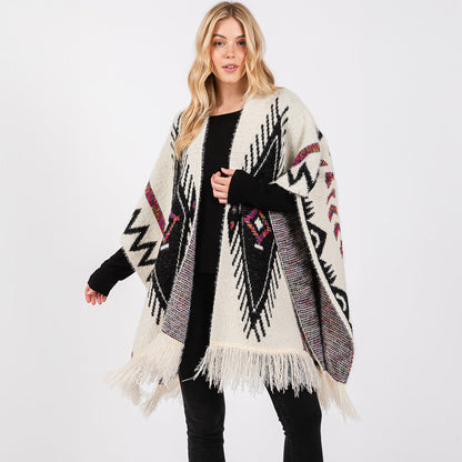 Fuzzy Aztec Tassel Knit Ruana Poncho – Boho Wrap