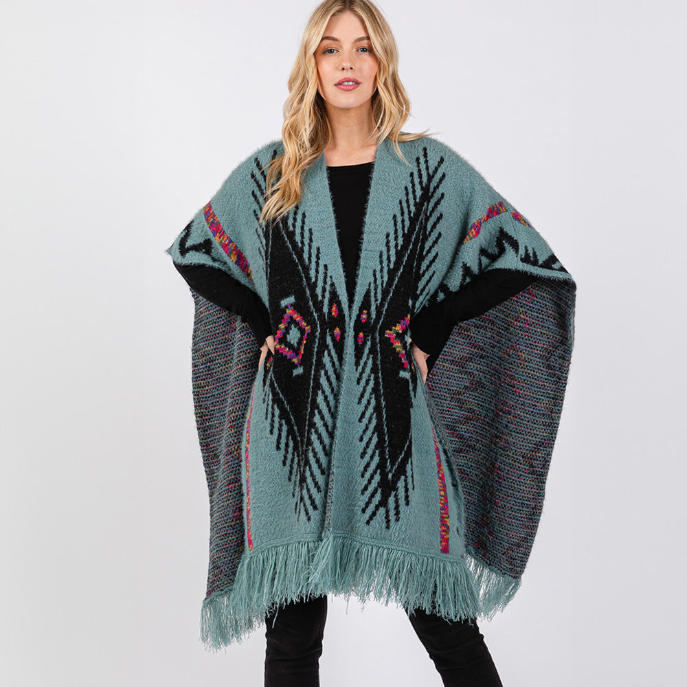 Fuzzy Aztec Tassel Knit Ruana Poncho – Boho Wrap