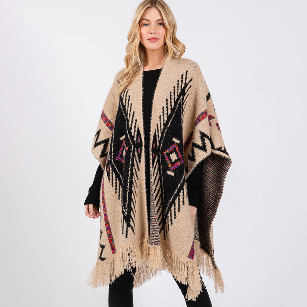 Fuzzy Aztec Tassel Knit Ruana Poncho – Boho Wrap