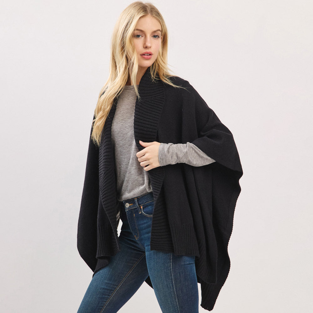 Ribbed-Trim Knit Shawl-Collar Cape Poncho