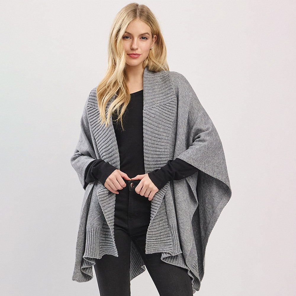 Ribbed-Trim Knit Shawl-Collar Cape Poncho