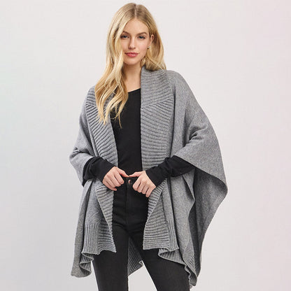 Ribbed-Trim Knit Shawl-Collar Cape Poncho