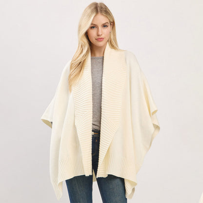 Ribbed-Trim Knit Shawl-Collar Cape Poncho