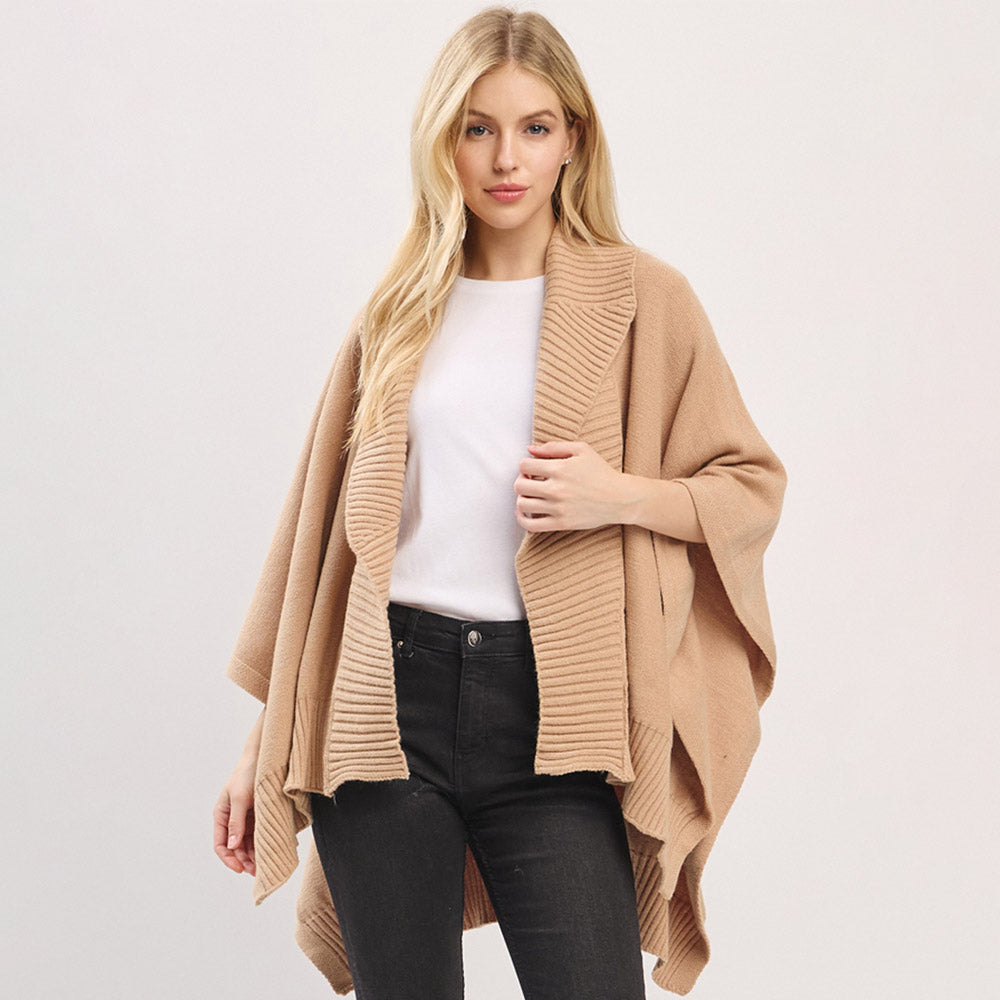 Ribbed-Trim Knit Shawl-Collar Cape Poncho