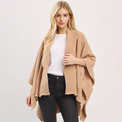 Ribbed-Trim Knit Shawl-Collar Cape Poncho