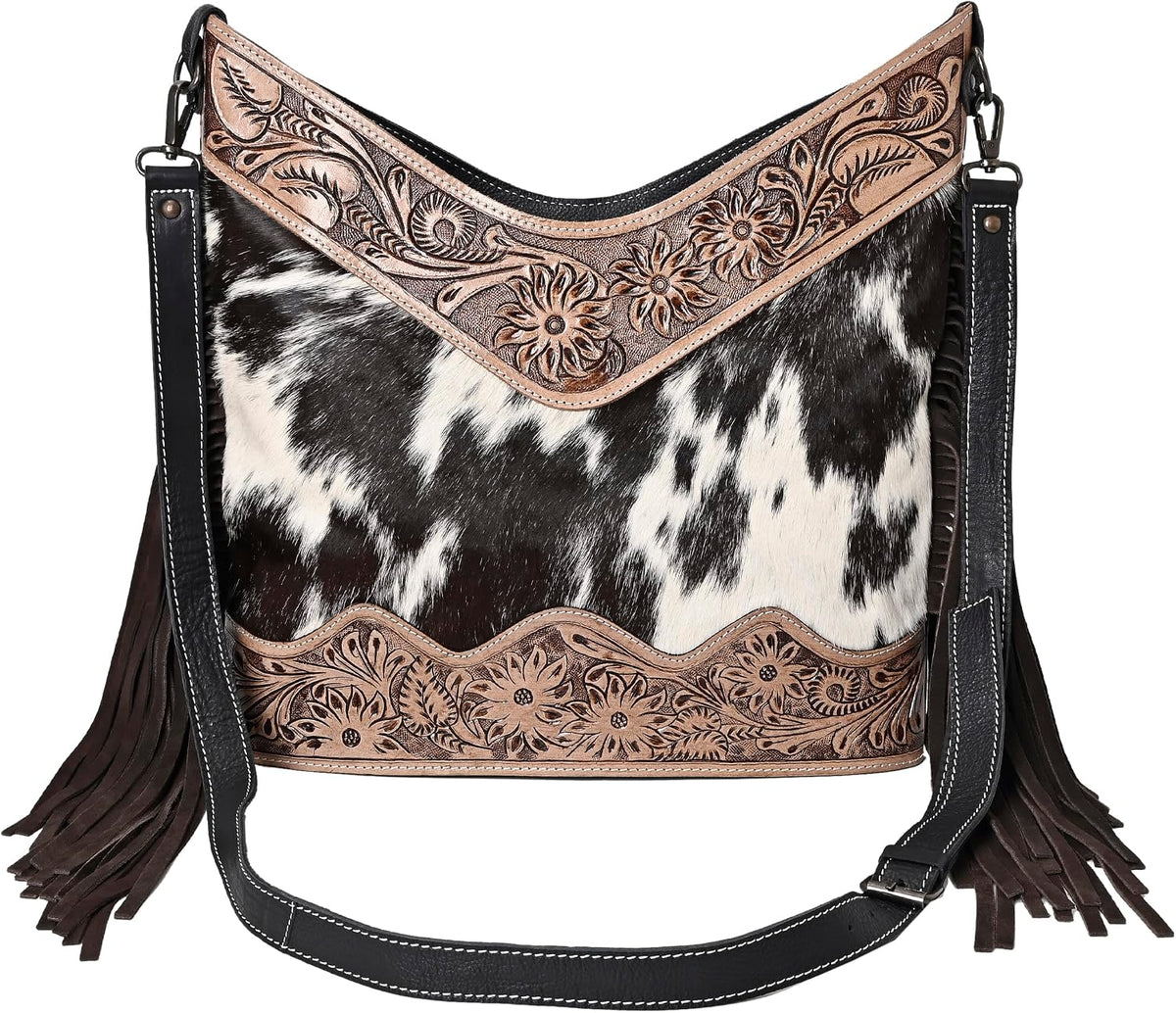 Handmade Cowhide Leather Crossbody Bag for Women - Adjustable Strap Western Shoulder Purse, 12x14 Inches
