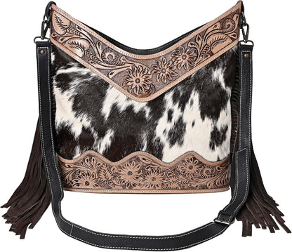 Handmade Cowhide Leather Crossbody Bag for Women - Adjustable Strap Western Shoulder Purse, 12x14 Inches