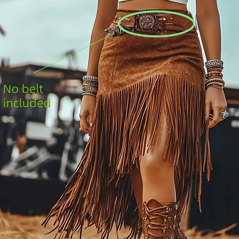 Women's Bohemian Fringe Midi Skirt with Asymmetrical Hem in Solid Color Denim Style