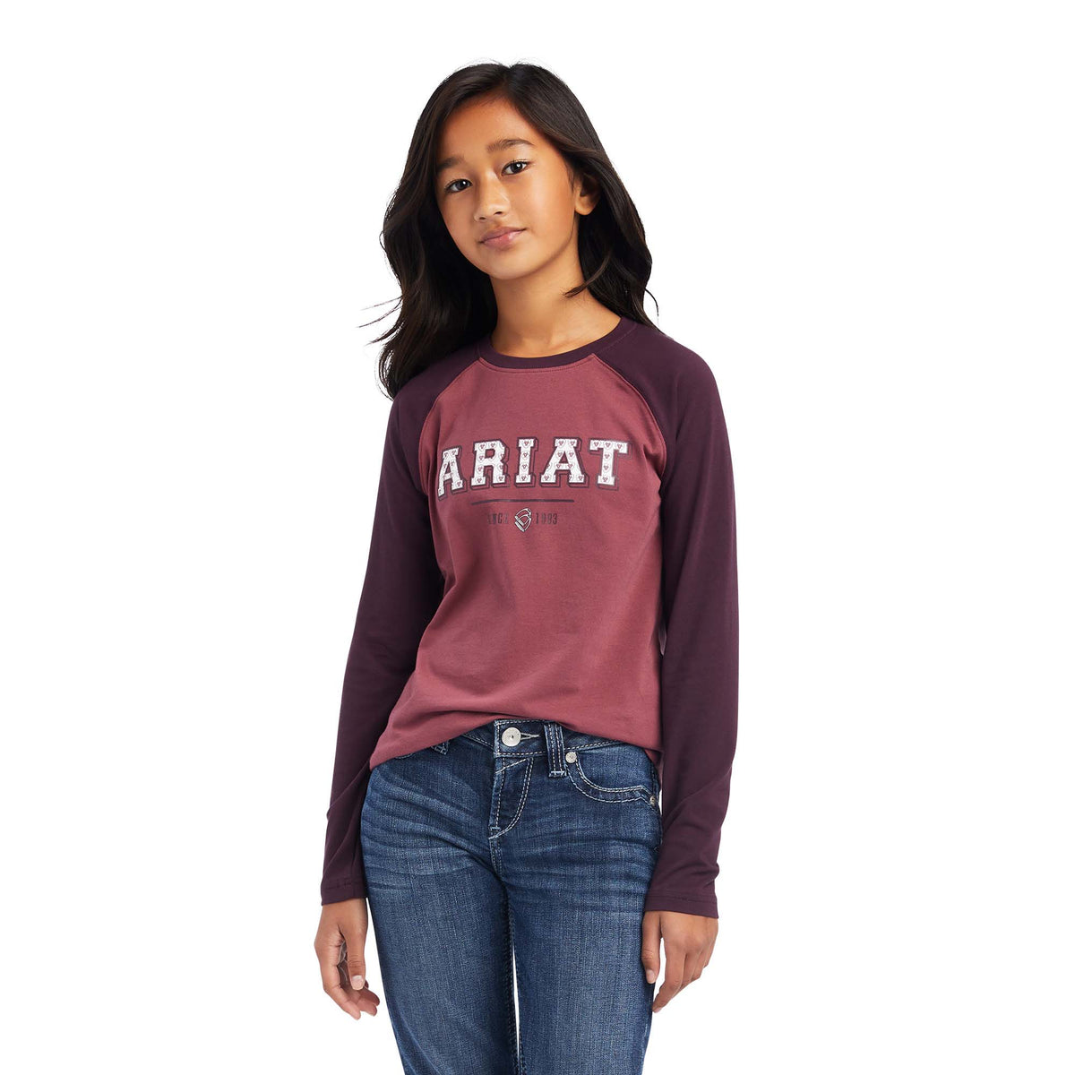 Ariat Girls Varsity Longsleeve T-Shirt, Mulberry/Rose