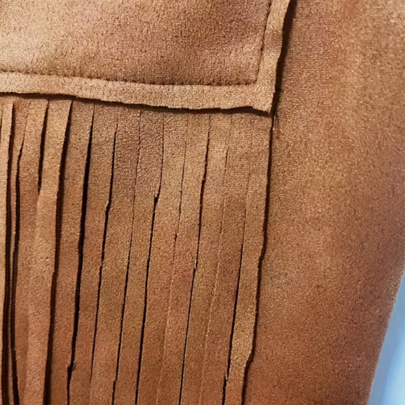 Women's Vintage Western Fringe Jumpsuit - Brown Sleeveless Romper with Fringe and Zip Details, High-Waist Wide-Leg Boho Chic All-Season Attire