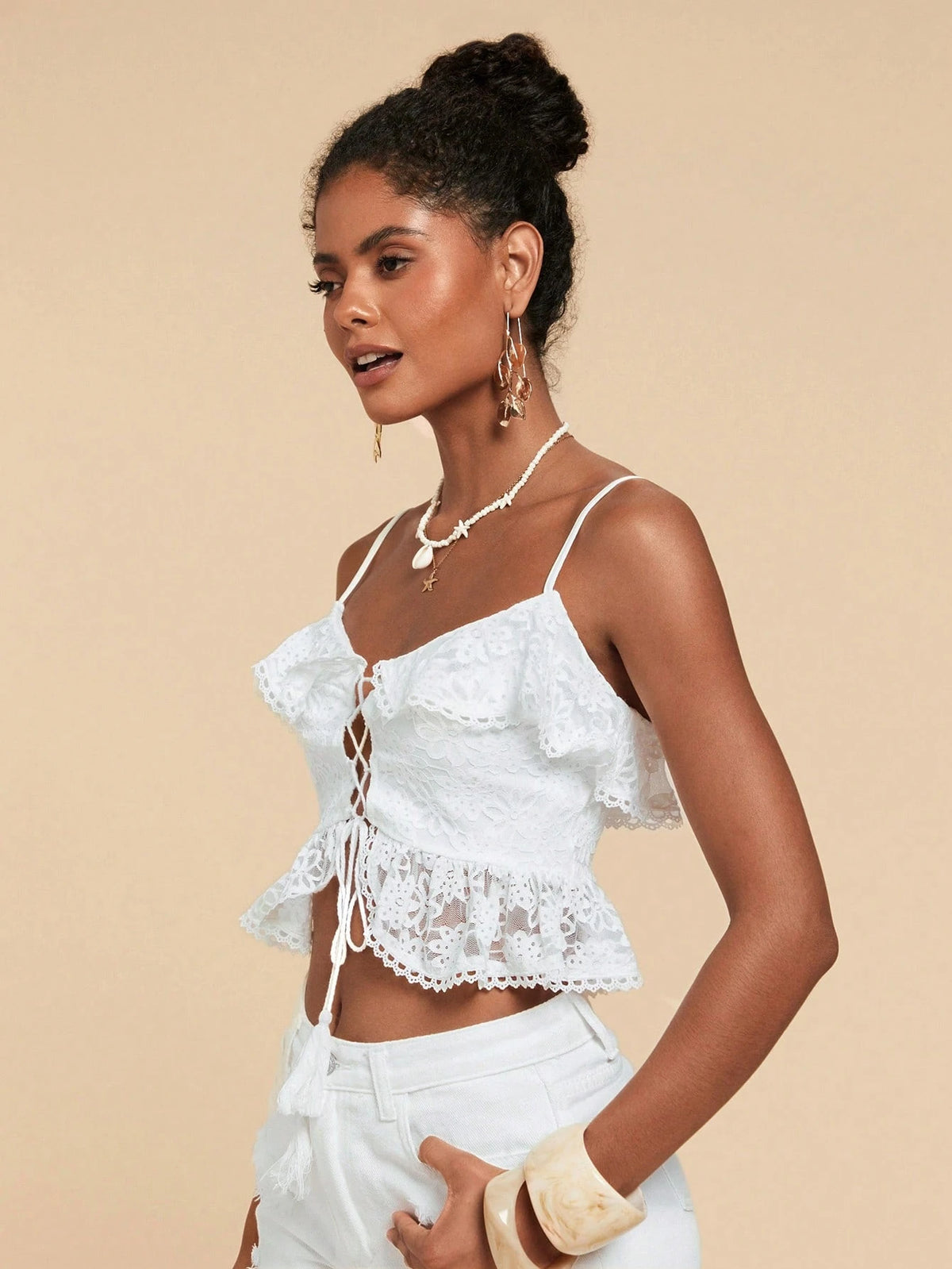 Elegant Solid Color Lace Ruffled Criss-Cross Camisole for Women - Summer Beach and Concert Top in White