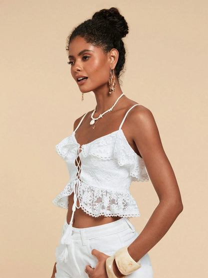 Elegant Solid Color Lace Ruffled Criss-Cross Camisole for Women - Summer Beach and Concert Top in White