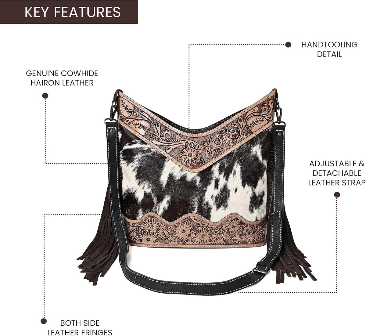 Handmade Cowhide Leather Crossbody Bag for Women - Adjustable Strap Western Shoulder Purse, 12x14 Inches