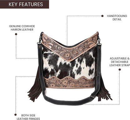 Handmade Cowhide Leather Crossbody Bag for Women - Adjustable Strap Western Shoulder Purse, 12x14 Inches