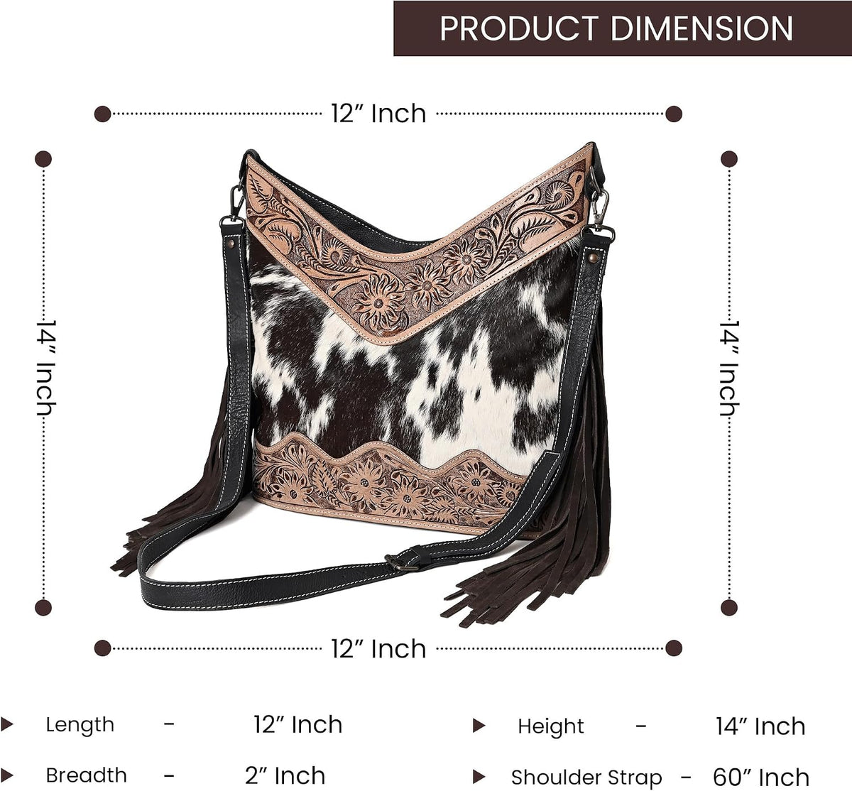 Handmade Cowhide Leather Crossbody Bag for Women - Adjustable Strap Western Shoulder Purse, 12x14 Inches