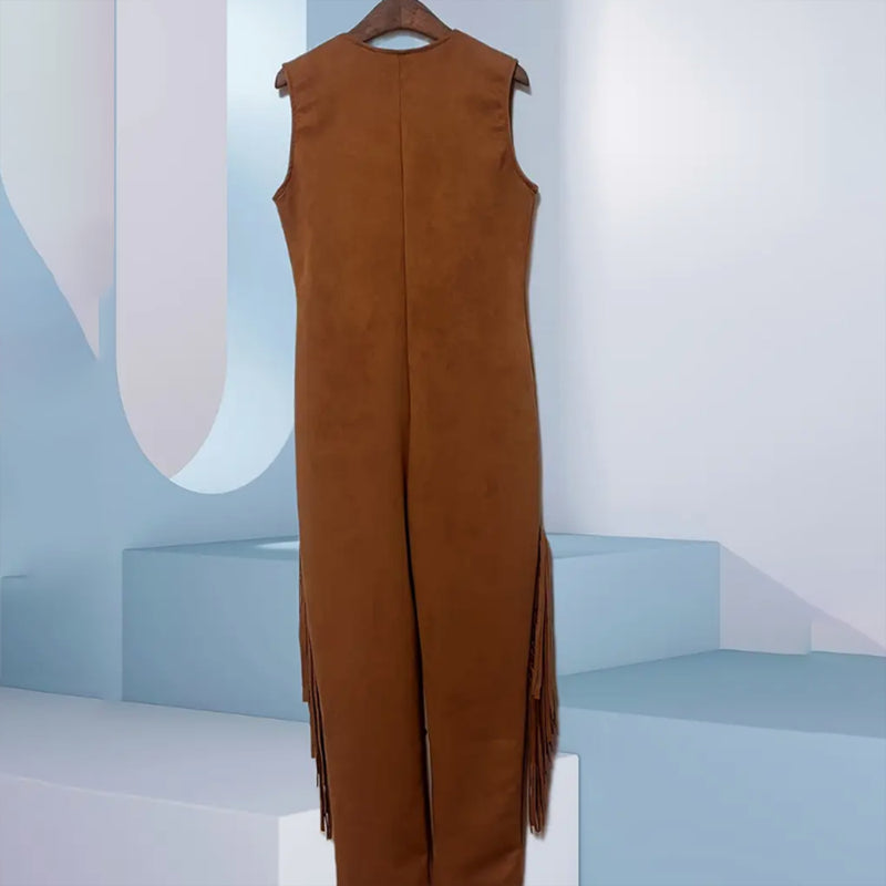 Women's Vintage Western Fringe Jumpsuit - Brown Sleeveless Romper with Fringe and Zip Details, High-Waist Wide-Leg Boho Chic All-Season Attire
