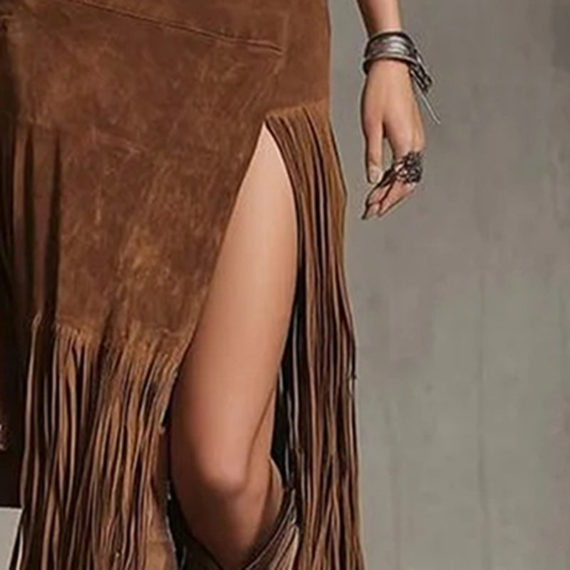 Women's Bohemian Patchwork Maxi Skirt with Fringe Hem and High Side Slit for Vacation Wear