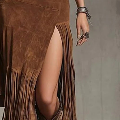 Women's Bohemian Patchwork Maxi Skirt with Fringe Hem and High Side Slit for Vacation Wear
