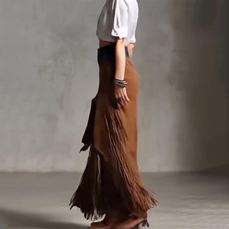 Women's Bohemian Patchwork Maxi Skirt with Fringe Hem and High Side Slit for Vacation Wear